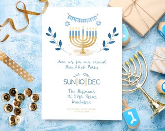 Editable Hanukkah Invitation, INSTANT DOWNLOAD, Chanukah Celebration Party Invite, Blue Menorah Dreidel Printable, editable template, evite