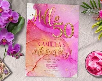 Hello Fifty invitation, INSTANT DOWNLOAD, pink orange gold invite, Modern 50th, tropical 50th, ladies 50th, fabulous 50 for her