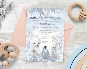 Bebê está frio fora do convite do chá de fraldas DOWNLOAD INSTANTÂNEO Modelo de Canva O animal do inverno convida | Gênero Neutro | Digital Instantâneo ou