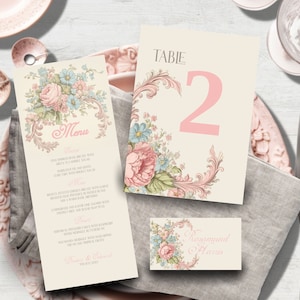 Menu de casamento vitoriano, DOWNLOAD INSTANTÂNEO, cartão de visita floral vintage, botânico, regência, número de mesa vitoriana, inglês antigo #VP01