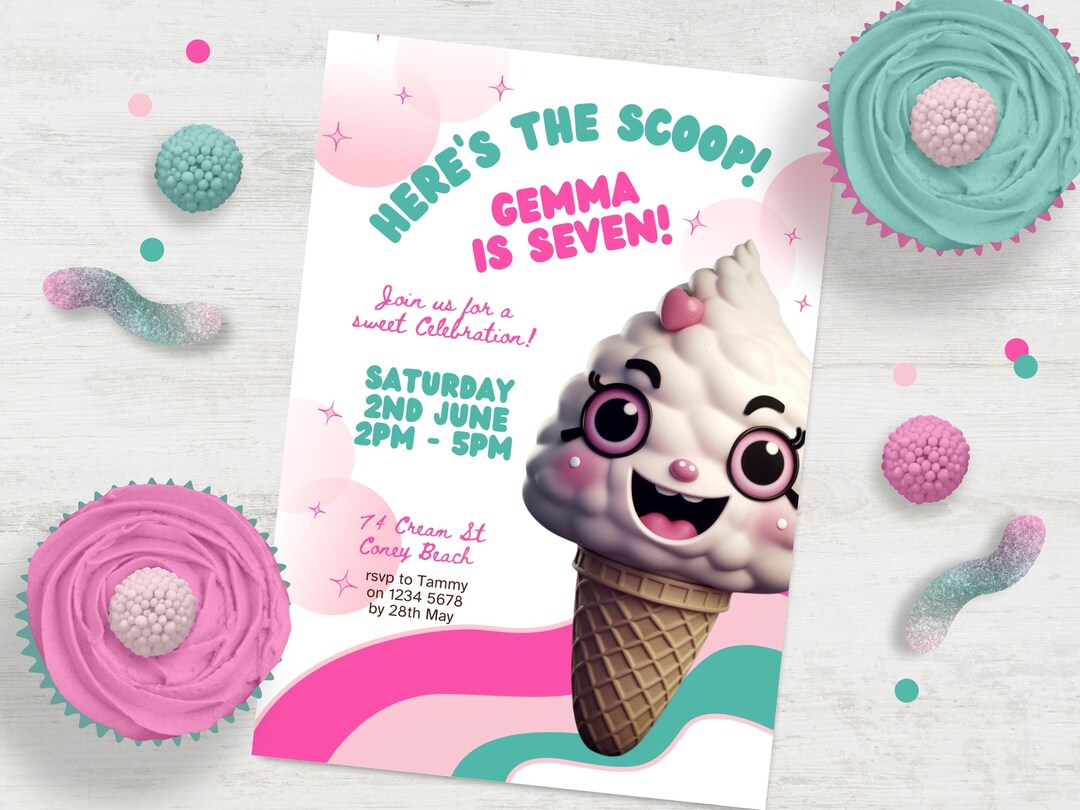 Here's the Scoop, Girl Ice Cream Birthday Party Invitation, INSTANT