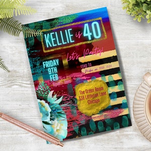 Ladies 40th Birthday Invitation, INSTANT DOWNLOAD,  CANVA, fortieth party, feminine, paint splash, gold foil, invite and evite