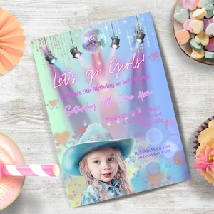 Le&#39;s Go Girls Cowgirl Disco 5th Birthday Invitation INSTANT DOWNLOAD for ANY age, girl&#39;s roller-disco party fifth Invite Canva Template