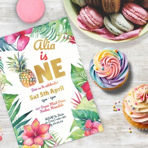 Tropical First Birthday Invitation, INSTANT DOWNLOAD, Pineapple One Party Invitation, Girls 1st Birthday, Hawaiian Luau, Aloha, Gold foil