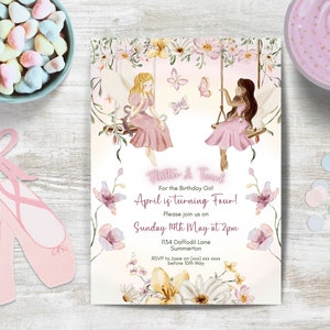 Flutter & Twirl Enchanted Fairy 4. Geburtstags-Einladung SOFORTIGER DOWNLOAD Wildblumen, Schmetterlinge, Feen vierte Partei Mädchen bearbeiten in Canva