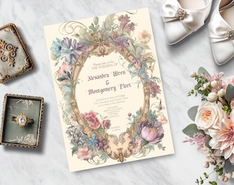 May include: A wedding invitation with a floral design featuring a gold frame with the text "Please join us for the wedding of Alexandra Wren & Montgomery Fleet" and the date "Saturday 20th October Two Thousand and Twenty Three at 4 o'clock in the afternoon" followed by the location "Orchard, Speedwell Farm, Leongatha, Victoria, Australia."