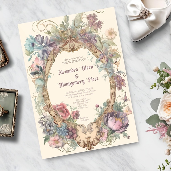Victorian wedding invitation, INSTANT DOWNLOAD, Vintage floral invite, botanical, regency, baroque, victorian, Old English, classical invite