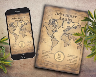 May include: An invitation to a party with a vintage world map background. The text reads "Adventure Awaits" and includes the date and time of the event: "SAT 30th May @8pm". The location is "Chilli Bomb Bar, 89 Glenferrie Rd, Malvern".