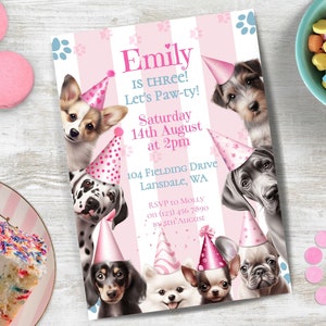 Dog Theme Birthday Party Invitation, INSTANT DOWNLOAD, Doggo Party, Let&#39;s Pawty, suitable for all ages, Girl Birthday invite, gender neutral