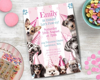 Dog Theme Birthday Party Invitation, INSTANT DOWNLOAD, Doggo Party, Let's Pawty, suitable for all ages, Girl Birthday invite, gender neutral