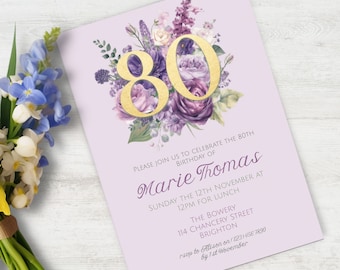 Ladies 80th Birthday Invitation, INSTANT DOWNLOAD, floral boho invite, Ladies Eightieth invite, ladies invitation, birthday party invite