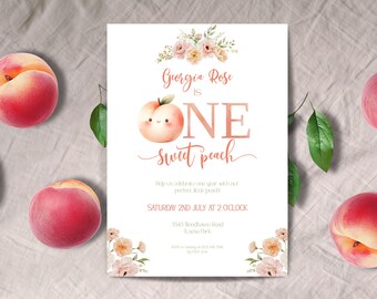 Peach First Birthday Invite, INSTANT DOWNLOAD,  One Sweet Peach, Girl 1st Birthday invitation, editable template, peaches theme, 1st party