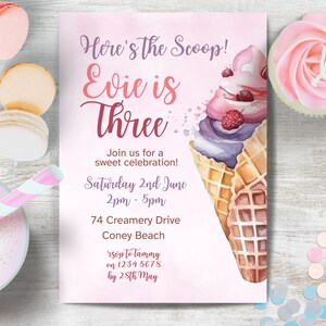 Here&#39;s the Scoop, Girl Ice Cream Birthday Party Invitation, INSTANT DOWNLOAD, 3 scoops of fun, 3rd Birthday Party Invite, Canva Template