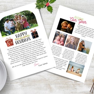 Carta de Felices Fiestas con Resumen del Año DESCARGA INSTANTÁNEA Tarjeta navideña familiar con boletín fotográfico Plantilla Canva editable