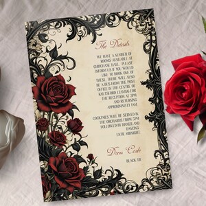 May include: A wedding invitation with a black and white ornate border and red roses. The text reads "The Details" and includes information about the wedding venue, reception, and dress code. The dress code is "Black Tie."