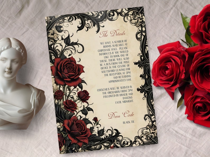 May include: A wedding invitation with a black and white ornate border and red roses. The text reads "The Details" and includes information about the wedding venue, reception, and dress code. The dress code is "Black Tie."