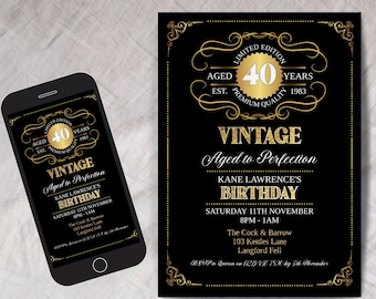 Editable Aged to Perfection Birthday Invitation, INSTANT DOWNLOAD 40th, Gold, Whiskey Label Birthday Invitation, Vintage Birthday Party,