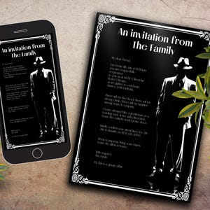 Könnte beinhalten: Schwarz-weiße Einladungskarte und Smartphone-Bildschirm mit dem Text "An invitation from The Family". Die Einladung zeigt eine Silhouette eines Mannes in Anzug und Hut. Das Smartphone zeigt das gleiche Design.