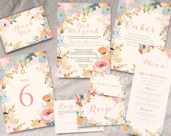 Large Bat Mitzvah Invitation bundle, INSTANT DOWNLOAD, Floral, Star of David, Bat Mitzvah invite, botanical, Jewish Invitation suite