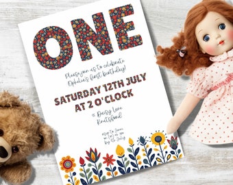Baby Girl First Birthday Invitations, INSTANT DOWNLOAD, Girl 1st birthday, she's turning one, Boho 1st party invite, floral first birthday