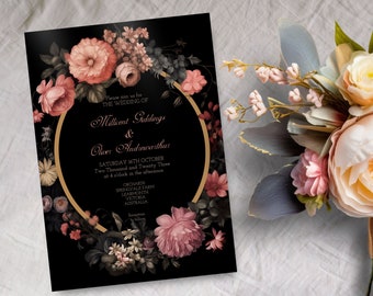 May include: Black wedding invitation with a gold circle and floral design. The text reads "Please join us for the wedding of Millicent Giddings & Oliver Andrewarthur. Saturday 16th October Two Thousand and Twenty Three at 4 o'clock in the afternoon. Orchards Springvale Farm Learmonth Victoria Australia."