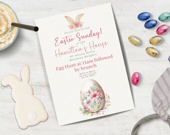 Hop on Over, Easter Egg Hunt Invitation INSTANT DOWNLOAD in Canva Easter Brunch cute vintage Invite ,editable, downloadable, printable