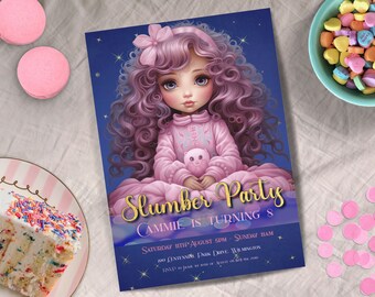 パジャマパーティーの誕生日招待状、即時ダウンロード、お泊まり会の招待状、招待状、パジャマパーティー、編集可能なテンプレート、映画パーティー