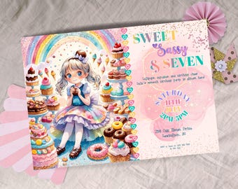 Sweet Sassy And Seven-Geburtstags-Party-Einladung, INSTANT DOWNLOAD, Mädchen 7. Geburtstag einladen, Süßigkeiten, Donut, Eis, funkelt, bearbeitet werden