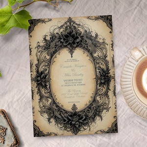 May include: An ornate wedding invitation with black floral designs and a vintage aesthetic. The invitation reads "We are cordially invited to the wedding of Cressida Kington & Miles Bentley Saturday the 9th of May Twenty Twenty Four at 2 o'clock in the afternoon The Brewery 107 East Lake Road Kingsford, Cheshire"