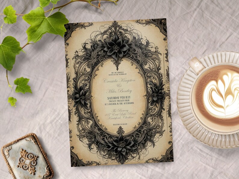 May include: An ornate wedding invitation with black floral designs and a vintage aesthetic. The invitation reads "We are cordially invited to the wedding of Cressida Kington & Miles Bentley Saturday the 9th of May Twenty Twenty Four at 2 o'clock in the afternoon The Brewery 107 East Lake Road Kingsford, Cheshire"