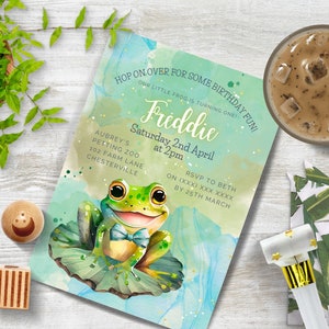 Hop on Over Frog 1st Birthday Invite INSTANT DOWNLOAD niedliche Frosch erste Party Einladung in Leinwand bearbeiten geschlechtsneutral, druckbar editierbar