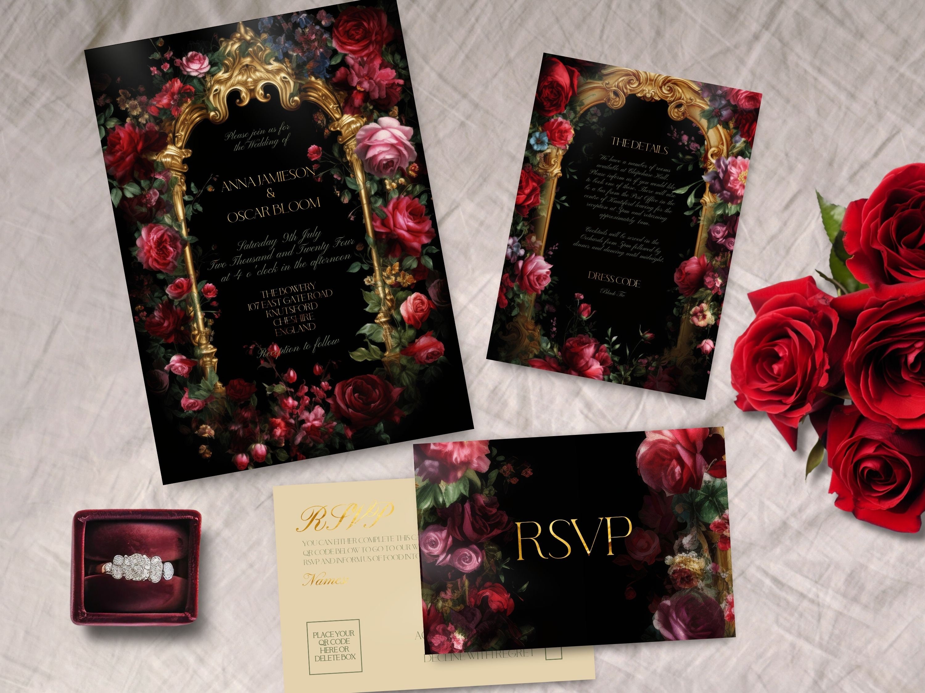 Moody Floral Wedding Bundle, INSTANT DOWNLOAD, Victorian Wedding, Regency Invitation, Baroque, Dark Moody Wedding, jewel tones, INVITATION