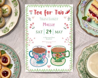 Tea for two Birthday Invitation, INSTANT DOWNLOAD, girl 2nd birthday party invite, Whimsical invite, hand drawn, scribble style