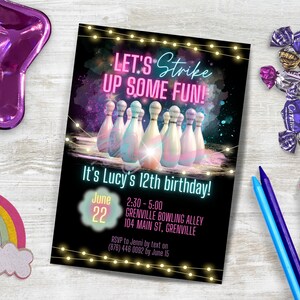 Let&#39;s Strike Up Some Fun Neon Birthday Invite INSTANT DOWNLOAD suitable for ANY age Girls Glow Letters Bowling Party Editable Canva Template
