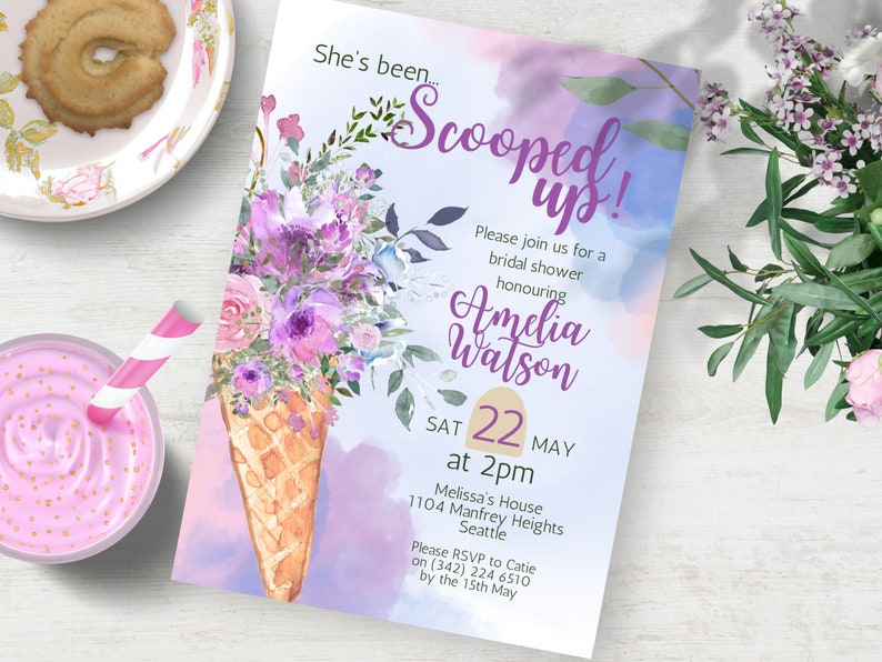 Purple Floral Scooped up Bridal Shower Invitation INSTANT Etsy