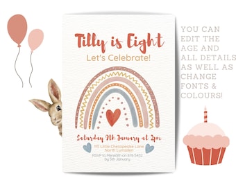 Boho Rainbow Birthday Invitation, INSTANT DOWNLOAD, Any age Girl, Hippie, Earthy, Rainbow Party, Invite Template