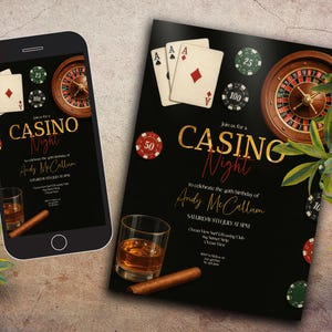Puede incluir: Una invitación negra y una pantalla de teléfono inteligente con temática de casino. La invitación y la pantalla del teléfono presentan el texto "Casino Night" en dorado, naipes, ruletas y fichas de casino. También se ve un vaso de whisky y un cigarro.