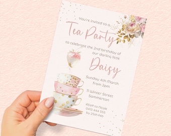 Whimsical Tea Party Invitation for any age INSTANT DOWNLOAD pink floral tea cups 2nd birthday girl par-tea canva template