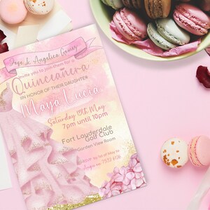 Quinceañera Invitation INSTANT DOWNLOAD Quince Pink and Gold sparkles 15th birthday invite gold foil canva template