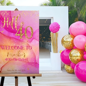 Hello 40 Welcome Sign, INSTANT DOWNLOAD, 40th Birthday Party Welcome Sign, Hello Forty Welcome Poster, Editable Template, Pink & Gold