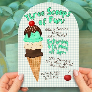 Three scoops of fun, boy 3rd birthday invitation, INSTANT DOWNLOAD, here&#39;s the scoop, third party invite, ice cream, canva template