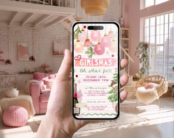 Girlsmas Text Invitation, INSTANT DOWNLOAD, Oh What Fun Christmas evite, Pink, Girls Night, Whimsical Hand Drawn Holiday Party digital evite