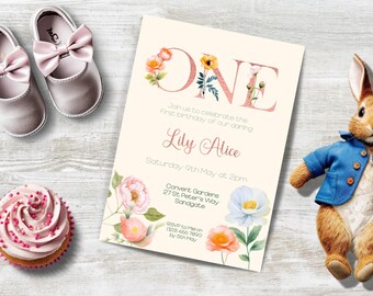 Girl 1st Birthday Invitation, INSTANT DOWNLOAD, Whimsical floral invite, Rose Gold Foil Letters, Floral Watercolor First Birthday Party