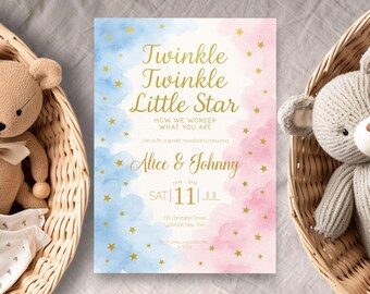 May include: A gender reveal party invitation with a watercolor design in blue and pink, featuring gold stars and the text "Twinkle Twinkle Little Star." The invitation is surrounded by two wicker baskets with teddy bears.