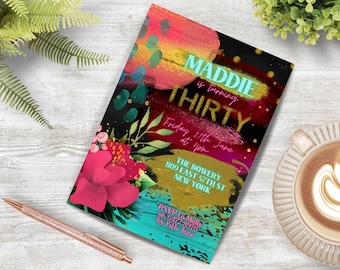 30th Birthday Invitation, INSTANT DOWNLOAD, CANVA. thirtieth party, feminine, woman 30,  paint splash, gold foil, invite and evite