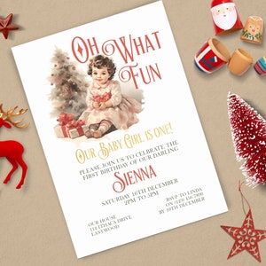 Christmas 1st Birthday Invitation, INSTANT DOWNLOAD, Oh What Fun, Christmas Birthday Party, Vintage Christmas, girl first birthday