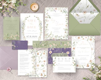 Wildflower Wedding Invitation Bundle, INSTANT DOWNLOAD, Printable Boho Floral Bundle, Elegant Design for Rustic Weddings, Wildflower Bundle