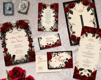 Gotische bruiloftbundel, INSTANT DOWNLOAD, Victoriaanse bruiloft, regentschapsuitnodiging, Georgisch thema uitnodigen, rode rozen bruiloft, Halloween