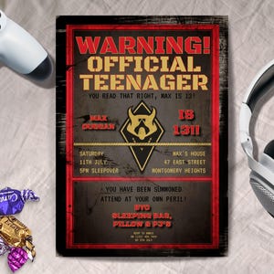 Official Teenager Warning invitation, INSTANT DOWNLOAD, thirteen year old boy invite, teen boy, Official Teen invite, editable template