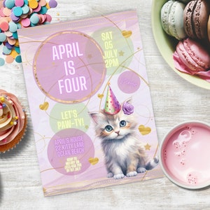 Cat Party Invitation, INSTANT DOWNLOAD, birthday paw-ty Invite, girl 4th Party, four year old girl, girl turning four, edit for all ages!